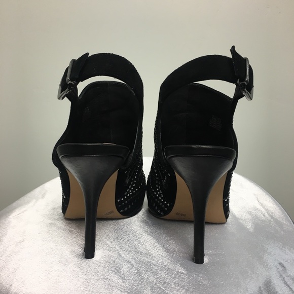 Vince Camuto Yolana Black Leather & Suede Slingback Peep Toe Sandals - Picture 4 of 8